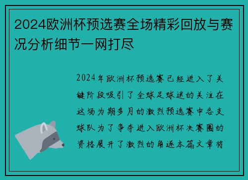 2024欧洲杯预选赛全场精彩回放与赛况分析细节一网打尽